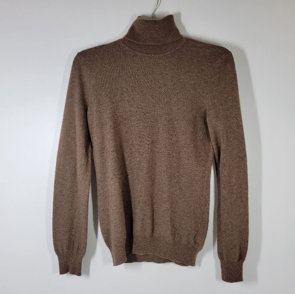 Ralph Lauren Brow Wool Cashmere Embroidered Logo Knit Turtleneck Sweater Women M
